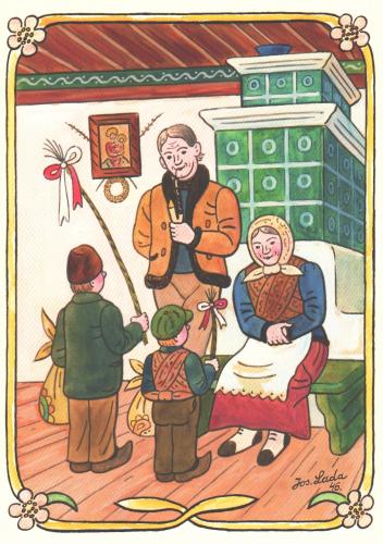 Elderly couple and children in a room with a Christmas tree