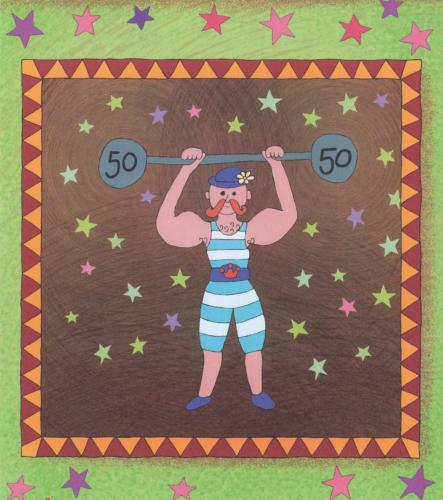 Fitness themed card with a strong man lifting a barbell.