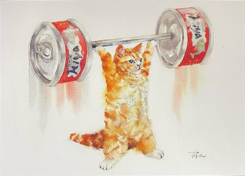 Watercolor illustration of a cat lifting a barbell in the gym.
