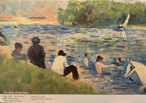 A painting of a family on the bank of the river.