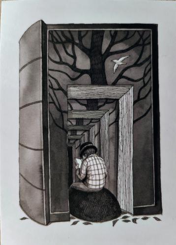Hand-drawn illustration. A girl in a hat and a plaid shirt is standing in the doorway of an abandoned building.