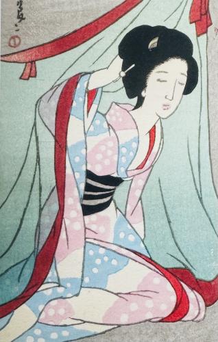 Japanese style painting of a woman in a kimono on paper