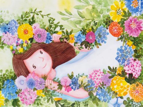 Watercolor painting of a cute girl on a background of flowers.