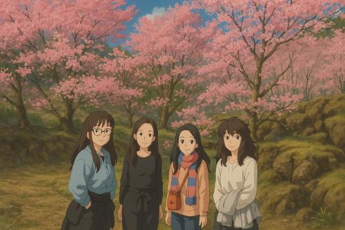 Illustration of a group of girls standing in front of a cherry blossom