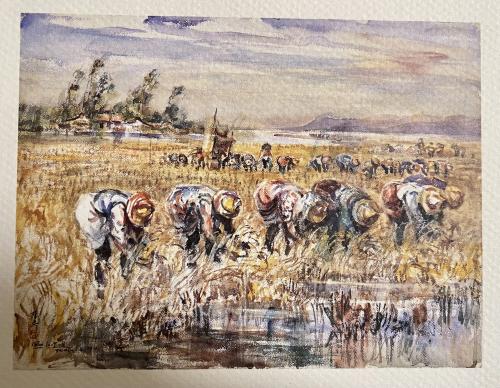 Oil painting of a herd of horses grazing on the bank of the river