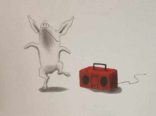 Illustration of a deer and a red radio on a white background