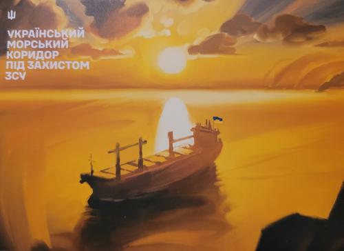 Oil painting on canvas of a ship in the sea at sunset.