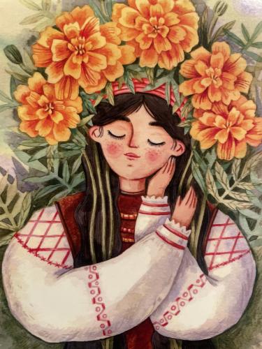 Ukrainian girl in a wreath of flowers. Watercolor painting