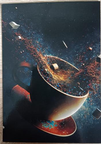 Coffee cup with splashes of coffee on a black background