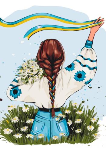 Illustration of a young girl in embroidery with a bouquet of daisies