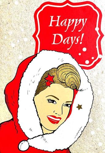 Christmas greeting card with beautiful woman in santa claus clothes.