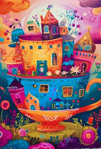 Colorful illustration of a beautiful house in the village. Children's drawing.