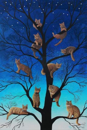 Cats on a tree in the night forest. Painting of cats.