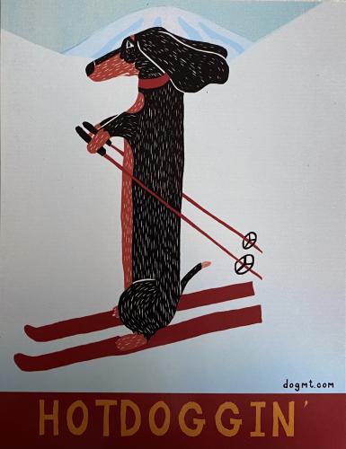 Skiing dachshund. Hand-drawn illustration.