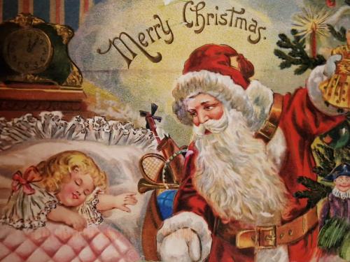 Santa Claus, Christmas story on the wall of a room with toys