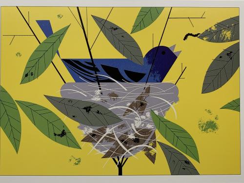 Bird in the nest with leaves on a yellow background. Vector illustration.