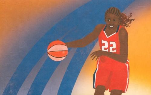 basketball player in action on a basketball court with a ball in hand
