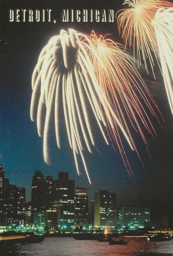 New York City Manhattan Skyline with Fireworks at Hudson River.