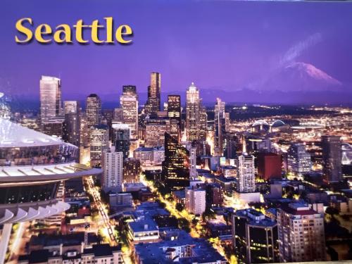 Seattle skyline at night with Mt. Rainier in the background.