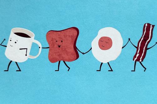 Coffee and sausage on a blue background. Handmade.
