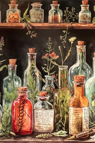 Beautiful vintage bottles with herbs and spices on a wooden shelf.
