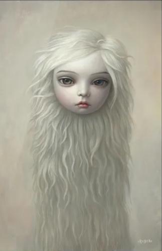 Portrait of a doll with white hair on the background of the wall