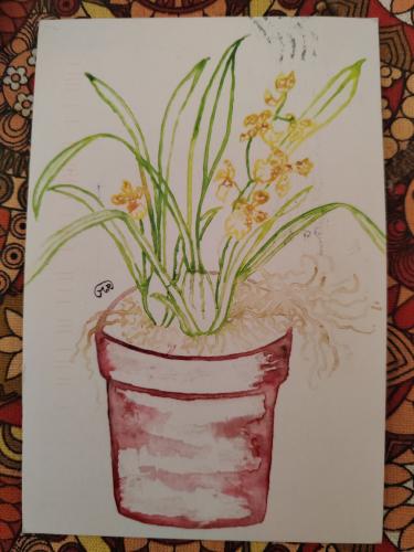 Drawing of flowers in a pot on a background of colored fabrics