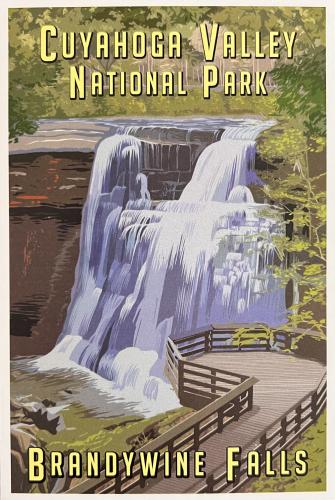 A poster printed in the Vancouver National Park, Vancouver, America, featuring a waterfall.