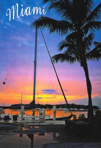 Tropical sunset with palm trees and sailboats in the foreground.