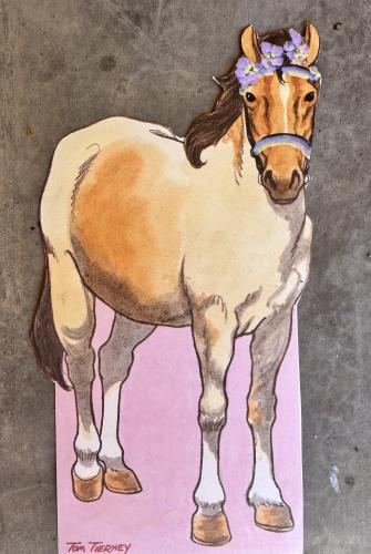 Horse with lavender wreath on her head. Watercolor painting.