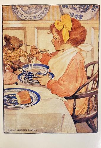 The image of the girl with a cup of tea and a bear