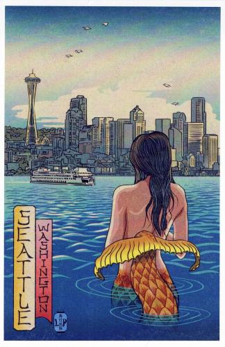 Fantasy illustration of a mermaid in the water with a golden fish.