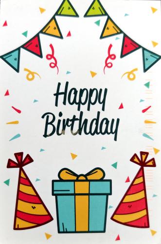 birthday card with gift box and confetti on a white background