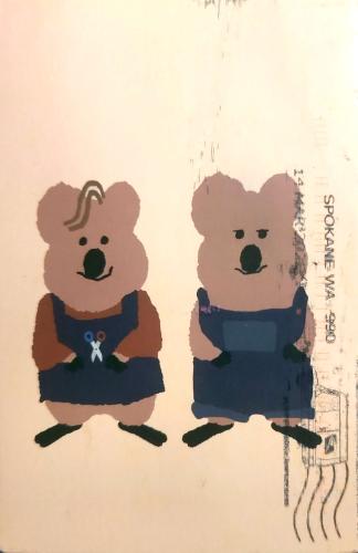 Two bears on a background of an old postcard with an inscription
