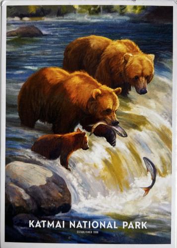 A postcard printed in Kamchatka shows bear family, circa 2017