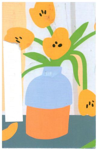 Vintage postcard with tulips in vase on white background