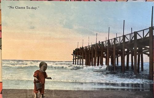 Vintage postcard printed in Thailand shows unidentified child playing on the beach in Chiang Mai, Thailand.