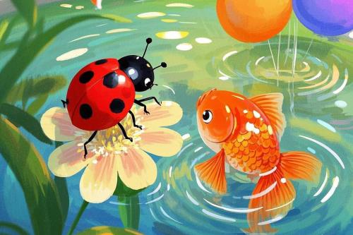 ladybug and goldfish on a background of water and flowers