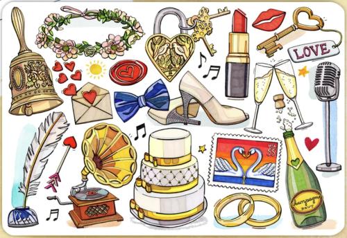 Illustration of a set of vintage items for Valentine's day.