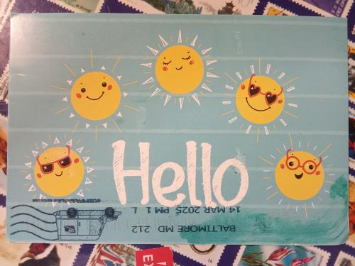 Hello postcard with sun and smiley face on a blue background