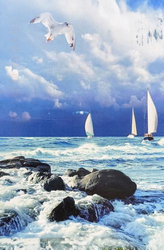 Beautiful seascape with seagulls and sailboats