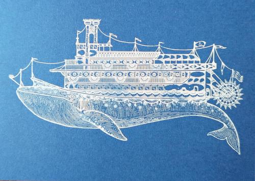 Drawing of a whale on a blue background, close-up