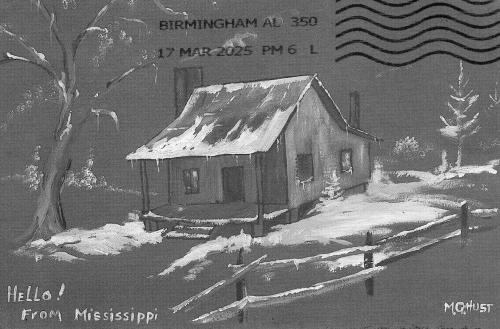 Old postcard with a picture of a house in the woods.