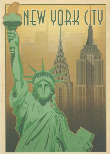 A postcard printed in New York shows the Statue of Liberty, circa 1980.