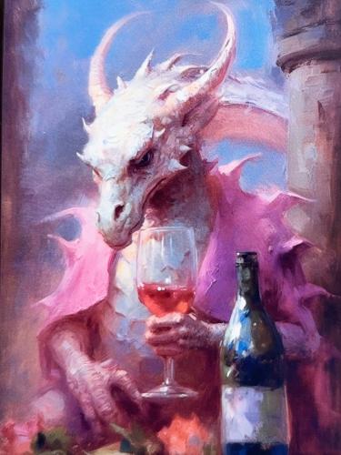 A painting of a dragon with a glass of wine on a background.
