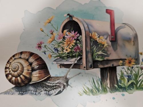 Mailbox with snail and flowers on a background of watercolor.