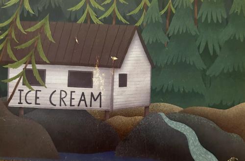 Illustration of a wooden house in the middle of the forest.