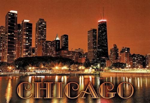 Chicago skyline at night with the words CHICAGO, USA