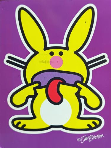 Easter bunny on a purple background with the words Happy Easter.