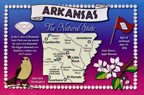 Arkansas state map with bird, cherry and diamonds on blue background